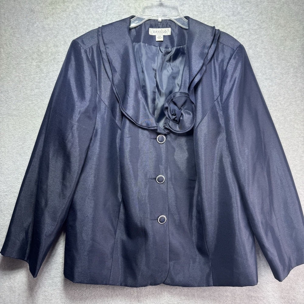 Danilo Women's 24W Blazer Jacket Silk Navy Blue Rhinestones Flower Formal  $220